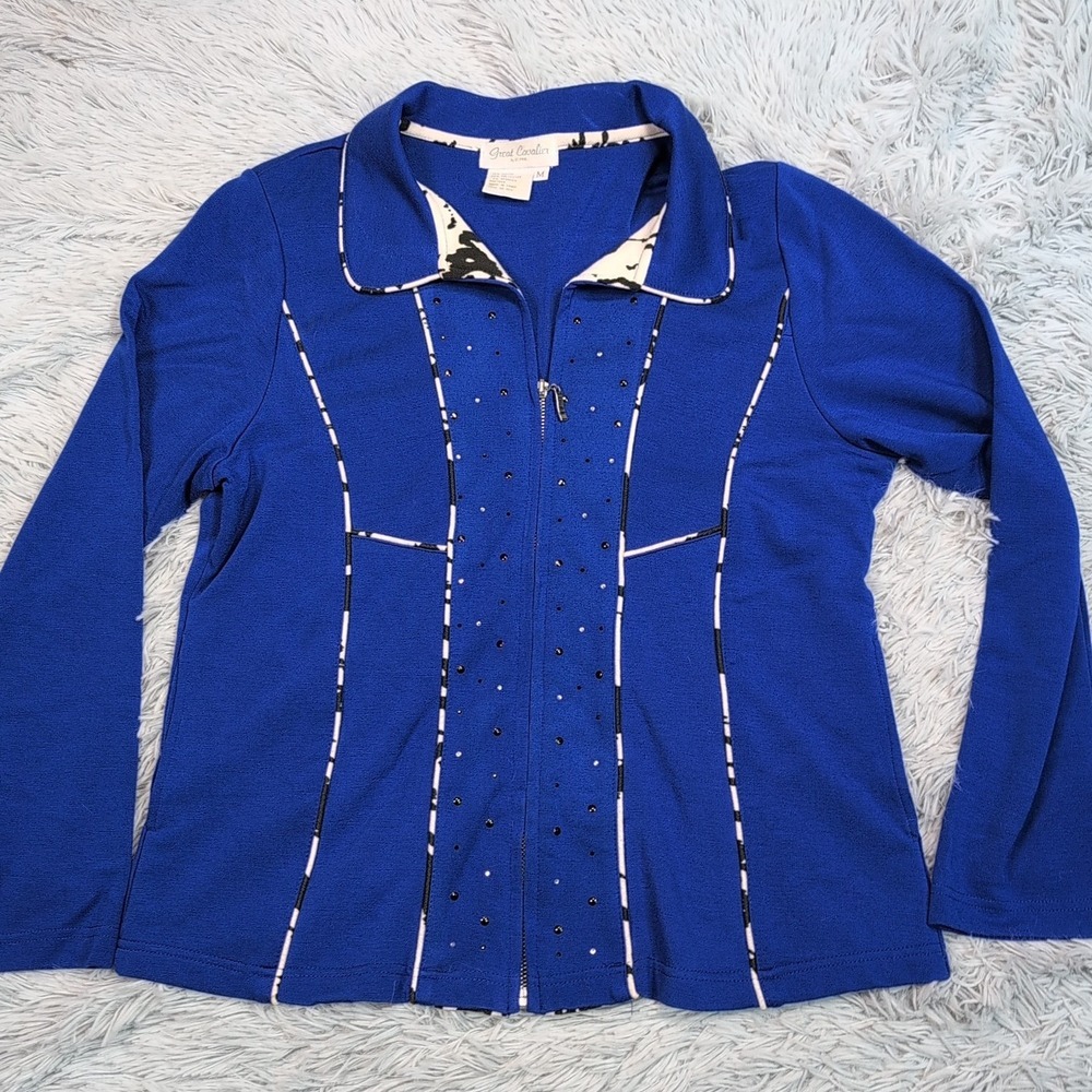 Vintage Great Cavalier Jacket Womens M Blue Zip Up Lightweight Studded Pockets